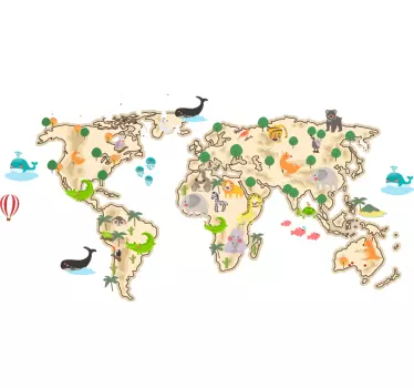 Nálepka s mapou sveta béžový a faunový dizajn - Tenstickers