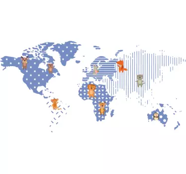 Nálepka s mapou sveta ilustrovaná mapa zvierat - Tenstickers