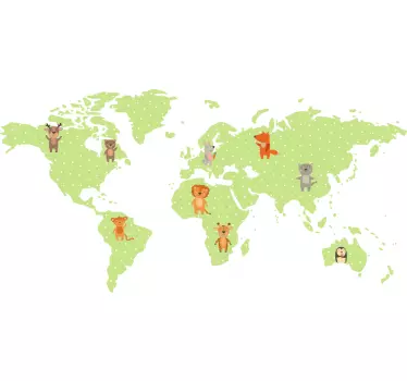 Nálepka s mapou sveta zelený dizajn so zvieratami - Tenstickers