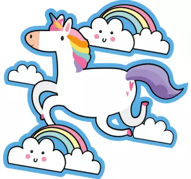 Nálepka pre deti jednorožec bežiaci s oblakmi - Tenstickers