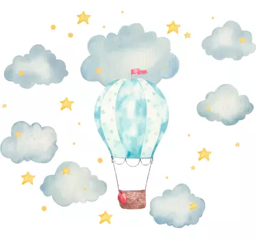 Modrý vzduchový balón obklopený hviezdami ilustračné nástenné ume - Tenstickers