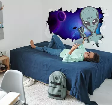 3d nálepka s rozbitou stenou mimozemšťana - Tenstickers