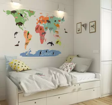 Samolepka naučná farebná mapa sveta so zvieratami - Tenstickers