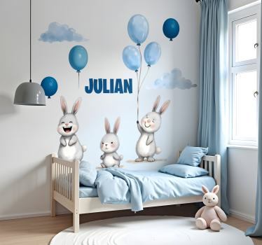 Nálepka na stenu modré balóniky so zajačikmi - Tenstickers