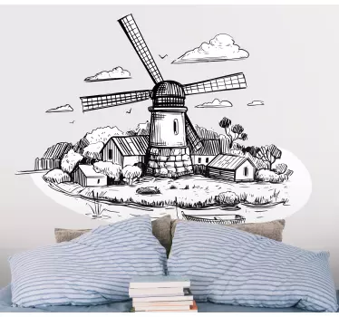 čierna a biela dedina kresba ilustrácie nástenné umenie - Tenstickers