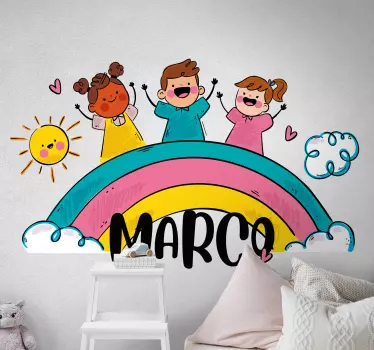 Deti sa hrajú na dúhovom ilustračnom obraze na stenu - Tenstickers