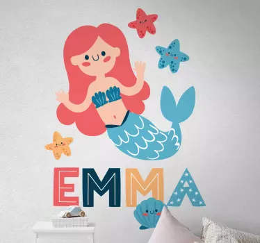 Farebná morská víla s nálepkou na stenu do detskej izby s menom - Tenstickers