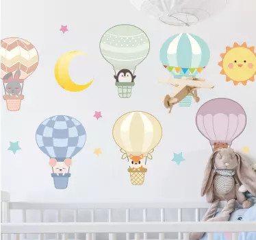 Farebné balóniky s roztomilými zvieratkami ilustrácia na stenu - Tenstickers