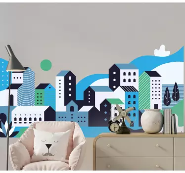 Modrá dedina hory ilustrácia stena umenie - Tenstickers