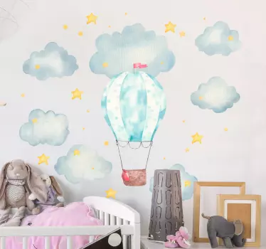 Modrý vzduchový balón obklopený hviezdami ilustračné nástenné ume - Tenstickers