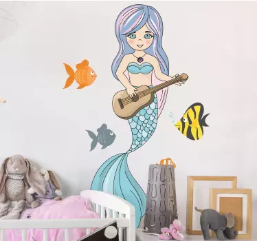 Morská panna hrajúca na gitaru a ryby rozprávkový štítok na stenu - Tenstickers
