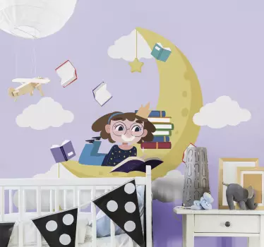 Nálepka pre deti Čítajúca dievčina na mesiaci - Tenstickers