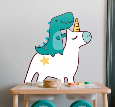 Nálepka pre deti dinosaurus jazdiaci na jednorožcovi - Tenstickers