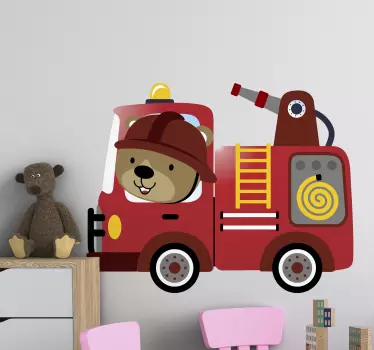 Nálepka pre deti hasičské auto s roztomilým medveďom - Tenstickers