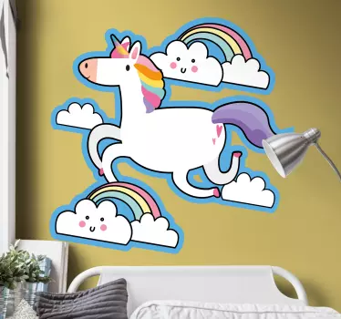Nálepka pre deti jednorožec bežiaci s oblakmi - Tenstickers