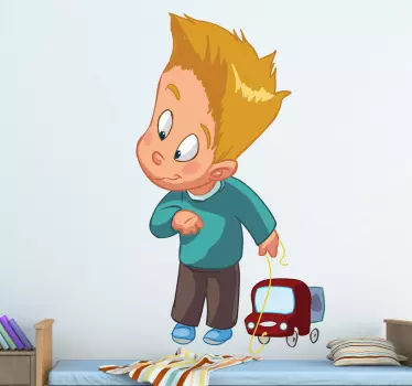 Nálepka pre deti hravý chlapec ťahajúci hračku - Tenstickers