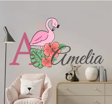 Nálepka pre deti kvetinový plameniak s menom - Tenstickers