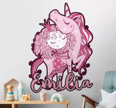 Nálepka pre deti rúžová jednorožec objatie - Tenstickers