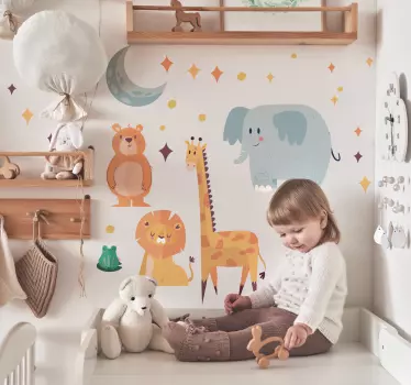 Nálepka pre deti šťastné zvieratá pod mesiacom a hviezdami - Tenstickers