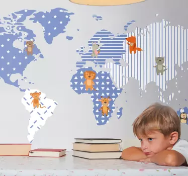 Nálepka s mapou sveta ilustrovaná mapa zvierat - Tenstickers