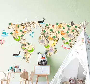 Nálepka s mapou sveta béžový a faunový dizajn - Tenstickers