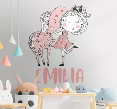 Princezná s ružovými šatami a ilustráciou nástenného umenia koňa - Tenstickers