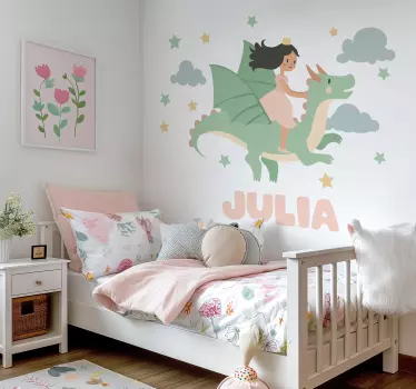 Rozprávkové nálepky na stenu dievča jazdiace na drakovi - Tenstickers