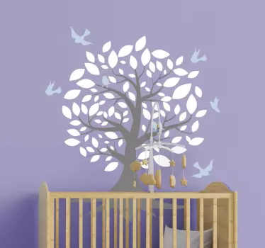 Strom s bielymi listami a vtákmi ilustrácia nástenné umenie - Tenstickers
