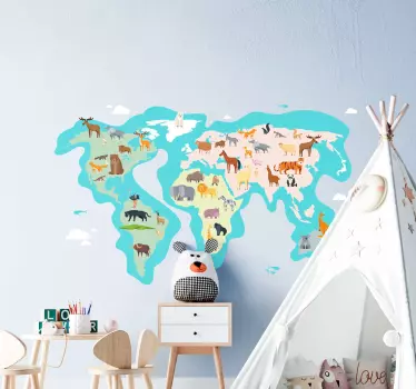 Svetová mapa pre deti s nálepkou na stenu s mapou fauny - Tenstickers