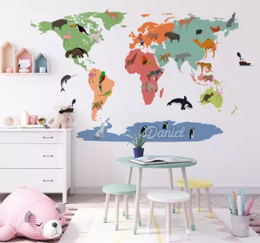 Samolepka naučná farebná mapa sveta so zvieratami - Tenstickers