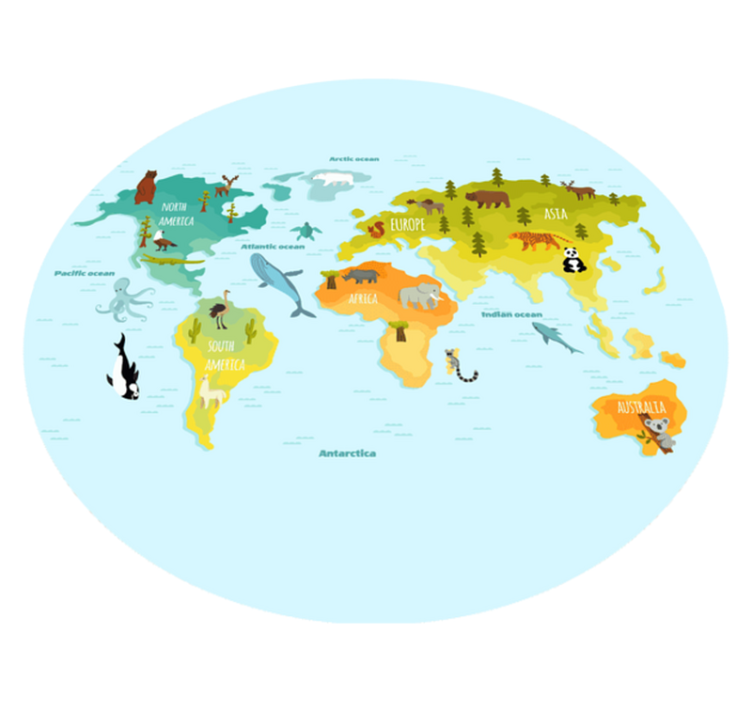 vinylový kvoberec s mapou sveta ilustrovaná mapa zvierat - Tenstickers