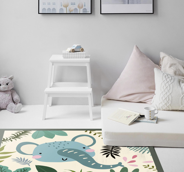 Detský šťastný slon a rastliny vinylový koberec - Tenstickers