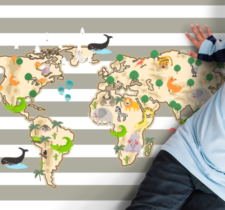 vinylový kvoberec s mapou sveta farebná ilustrácia zvierat - Tenstickers
