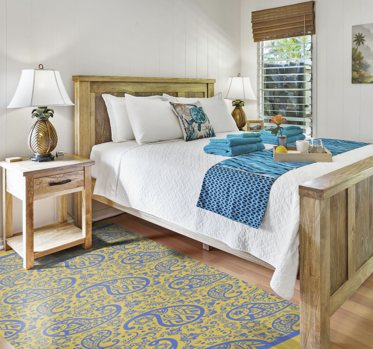 žltý a modrý moderný vinylový koberec paisley - Tenstickers