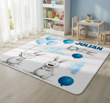 Detský vinylový koberec modré balóniky s králikmi - Tenstickers
