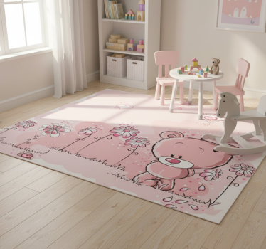Detský vinylový koberec ružová medvedica a kvety - Tenstickers