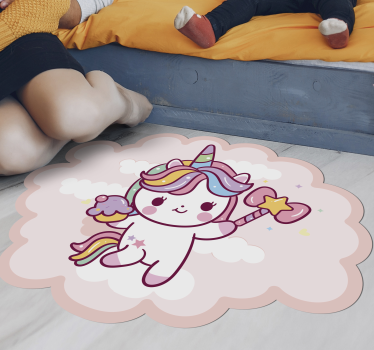 Jednorožec držiaci košíček a usmievavý detský vinylový koberec - Tenstickers