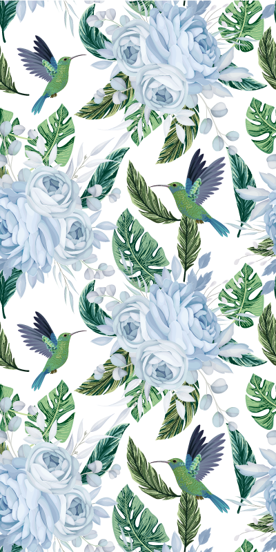 Vinylový koberec s kvetmi modrých záhradných kvetov s vtákmi - Tenstickers