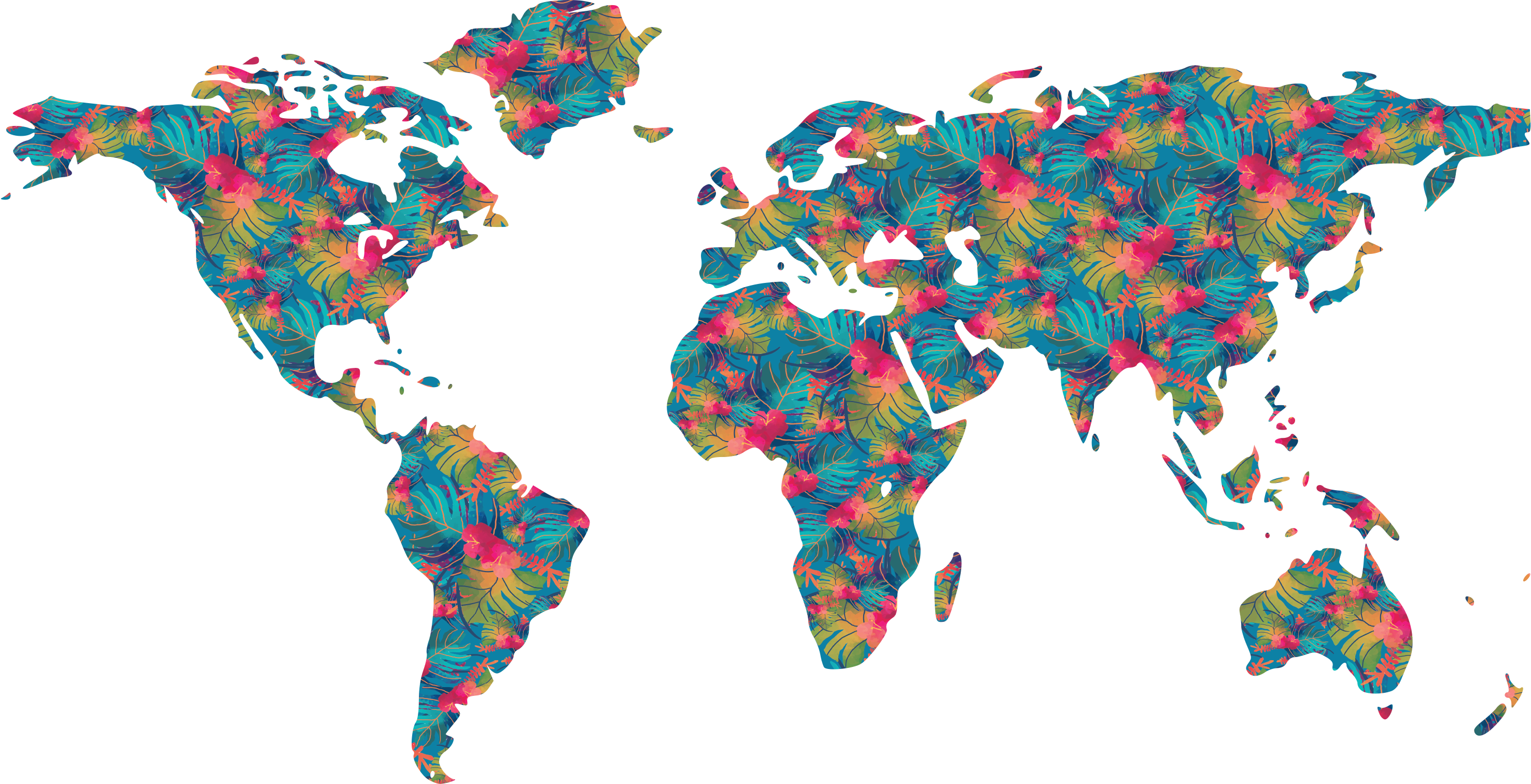 Vinylový koberec s mapou sveta tropické farebné listy - Tenstickers