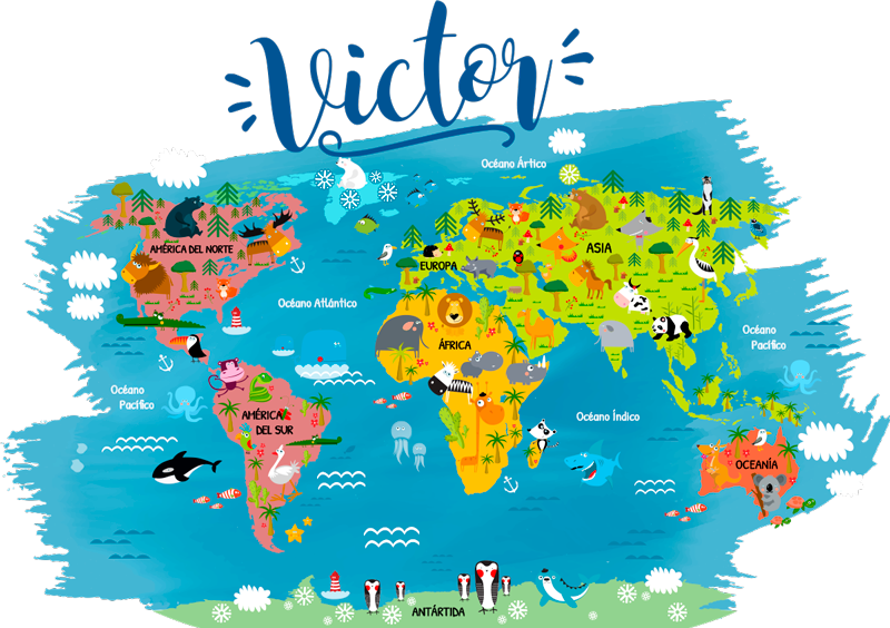 Vinylový koberec s mapou sveta zvierat s menami - Tenstickers