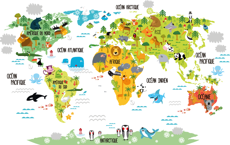 Vinylový koberec s mapou sveta pre deti zvieratá - Tenstickers