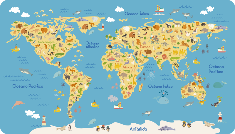 Vinylový koberec s mapou sveta detská fauna - Tenstickers