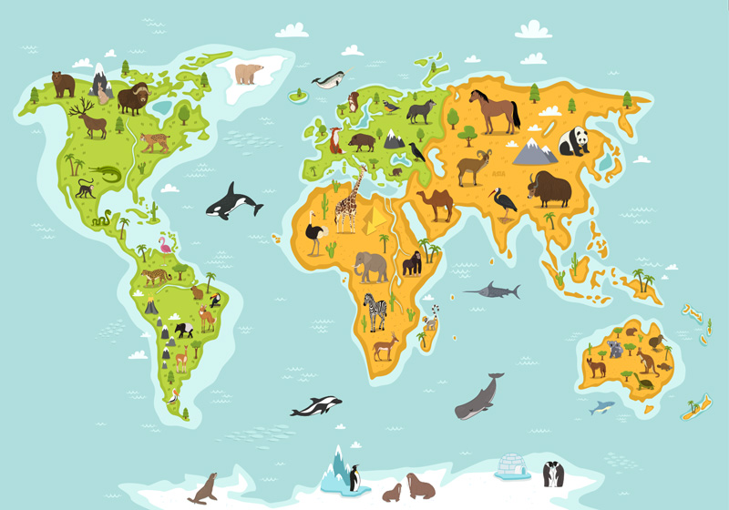 Vinylový kvoberec s mapou sveta detská mapa fauny a flóry - Tenstickers