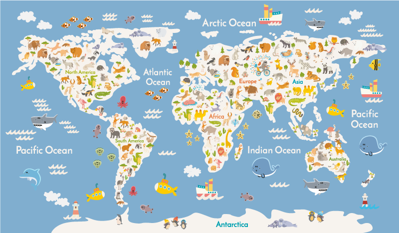 Vinylový koberec s mapou sveta biela fauna pre deti - Tenstickers