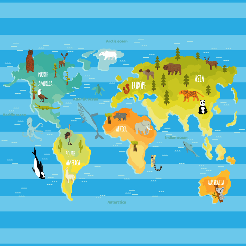 Typické zvieratá na kontinentoch mapa sveta koberec - Tenstickers
