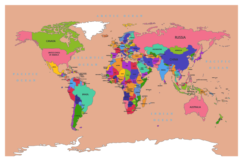 Hnedá farba s farebnými mapami kontinentov - Tenstickers
