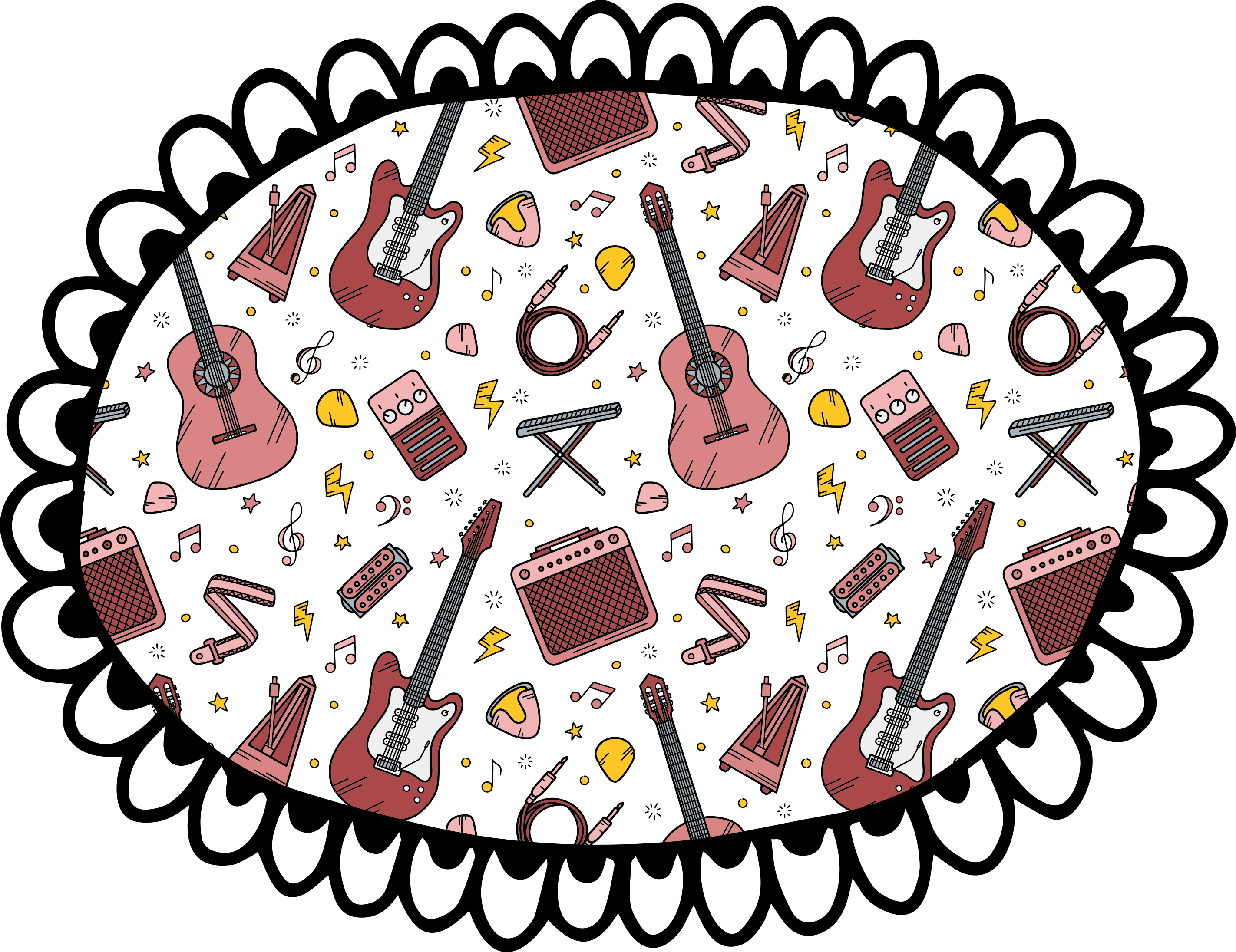 Gitarový hudobný vzor kruhový koberec v štýle doodle - Tenstickers