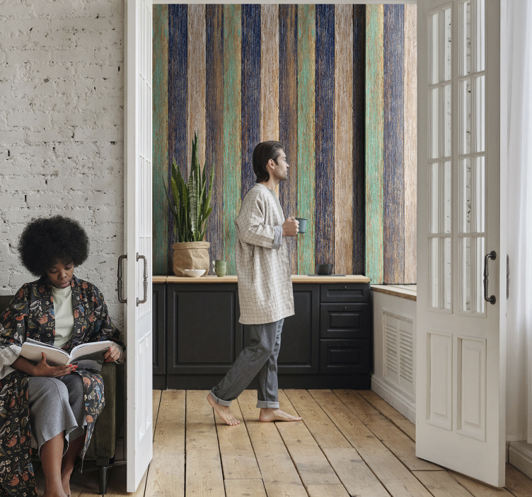 Modrá a hnedá tapeta s efektom laminátového dreva - Tenstickers