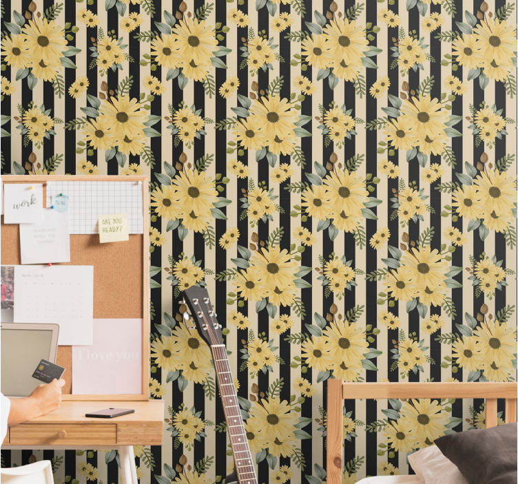 Slnečnica na pruhoch kvetinová tapeta - Tenstickers