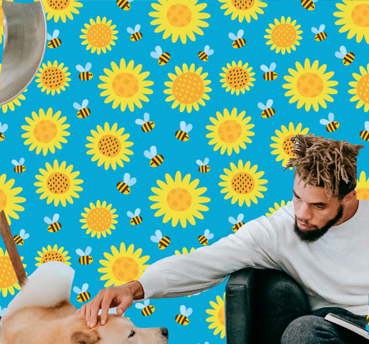 Slnečnice a včely na modrej kvetinovej tapete - Tenstickers